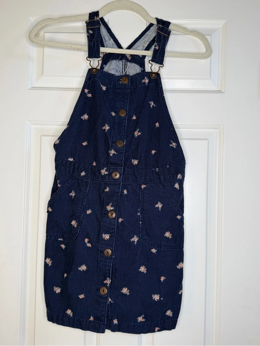 Vintage Oshkosh B’gosh Girls Blue Floral Corduroy Overall Dress Button Front 14